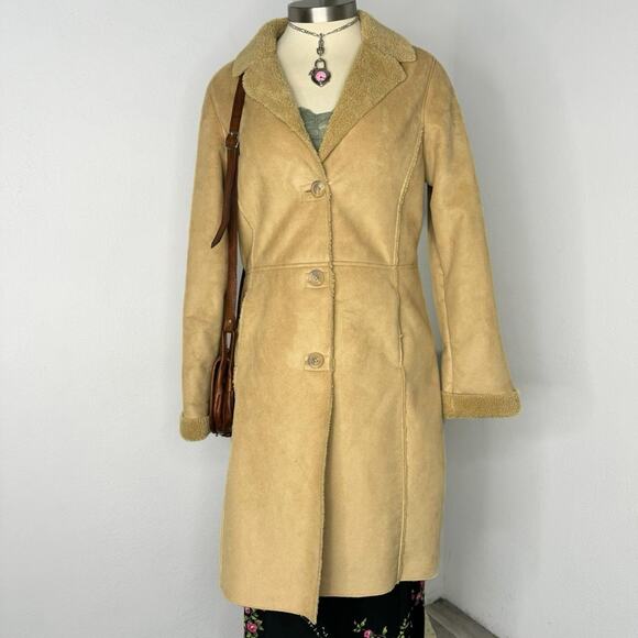 Y2K Tan Faux Suede Coat Longline Penny Lane Afghan Coat - Picture 3 of 7